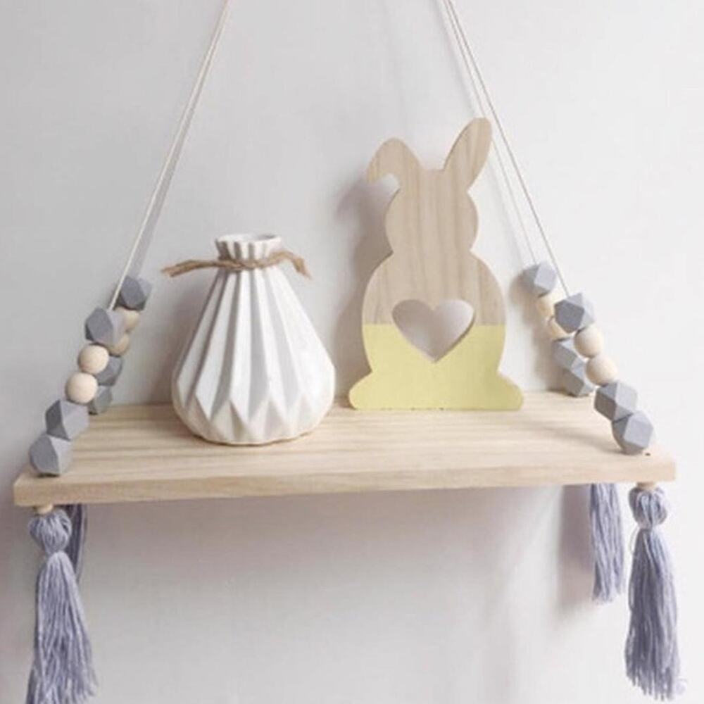 Nordic Wooden Hanging Shelf with Gray Beads and Tassels | Minimalist Boho Nurser